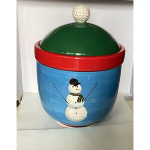 Golf Ball Snowman Cookie Jar Canister W/Golf Ball Handle Christmas Vintage